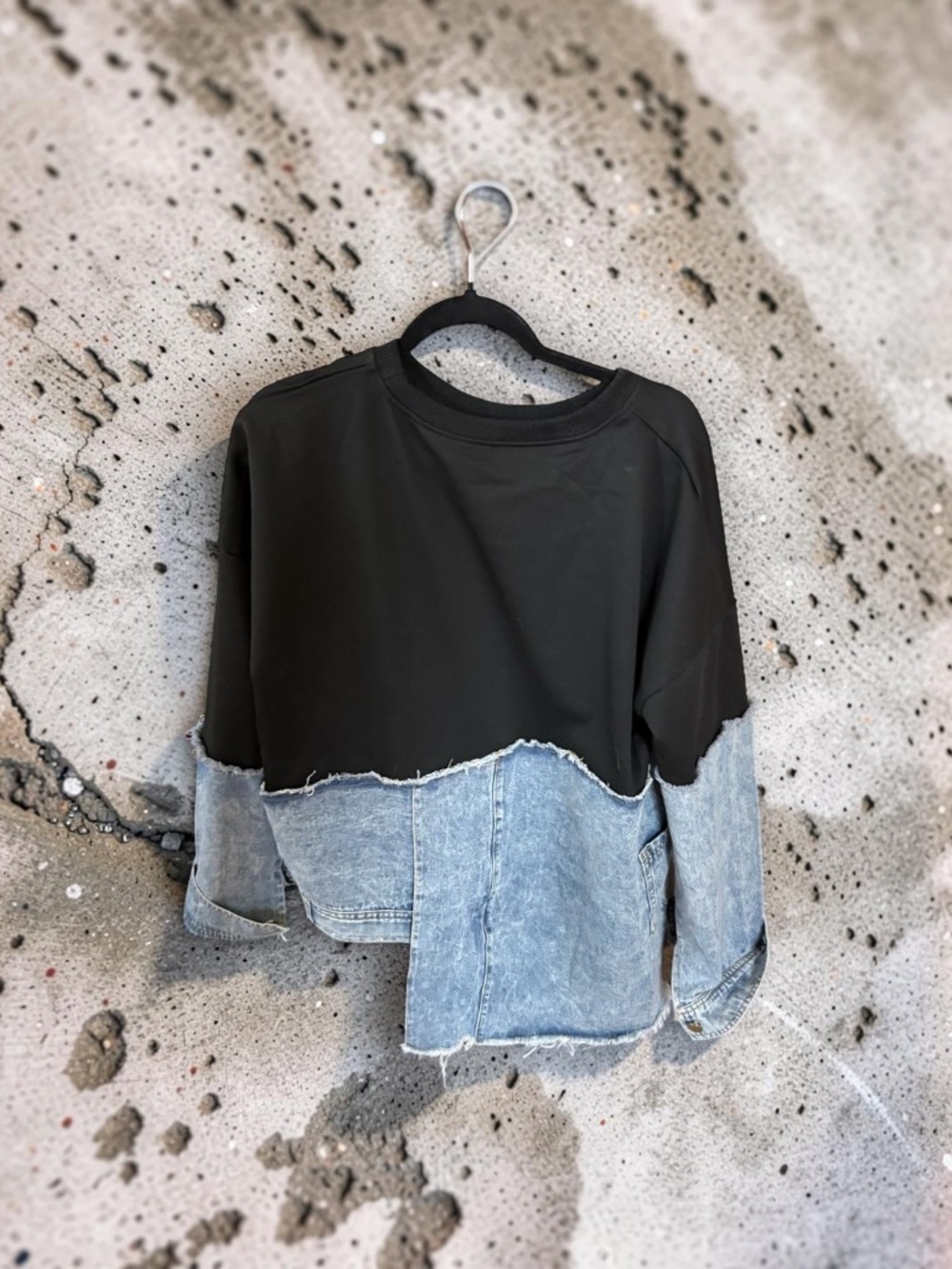 NWOT - Edgy Reworked Style Asymmetric Denim Patchwork Pullover - Fits XL - Picture 4 of 13